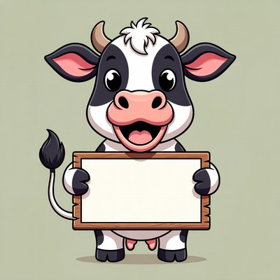 Cow holding a wooden sign