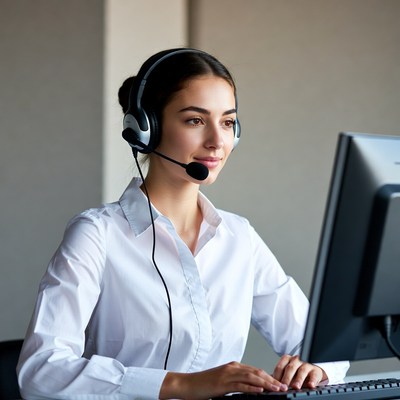 Woman working with headset at computer