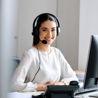Woman working at a desk with headset