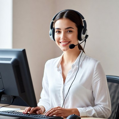 Woman at computer with headset in office