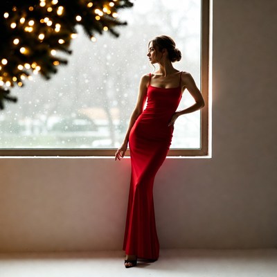 Woman in red dress near window