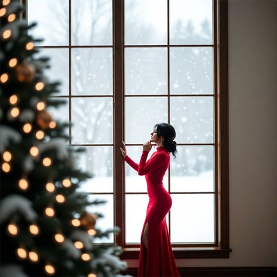 Woman in red dress by window