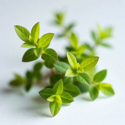 Fresh green herbs on white surface