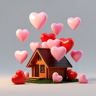 Heart balloons around wooden house