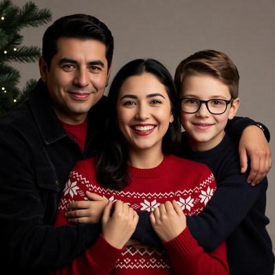 Family poses for holiday portrait in home