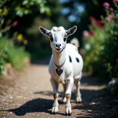 Goat walking on garden path