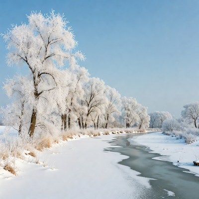 Frozen river in winter landscape