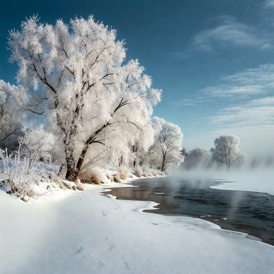 Frosty trees beside a river