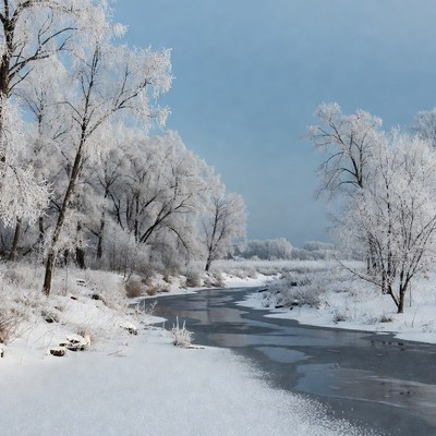 Winter scene by the frozen river