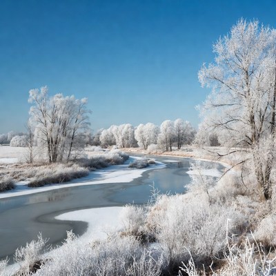 Winter scene near a frozen river