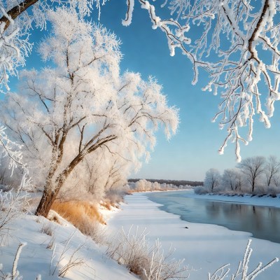 Snowy river in winter landscape