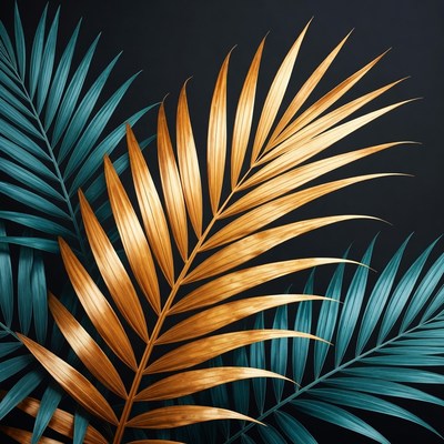 Golden and green palm leaves on dark background
