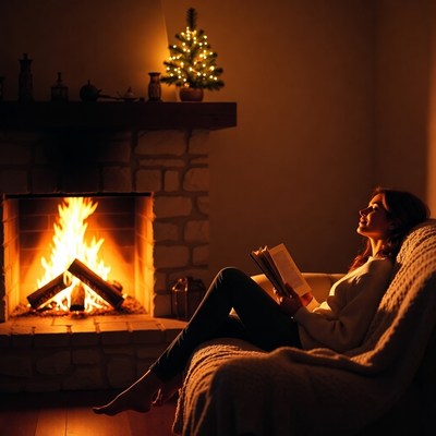 Reading by the fireplace at night