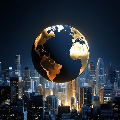 Globe above a city skyline