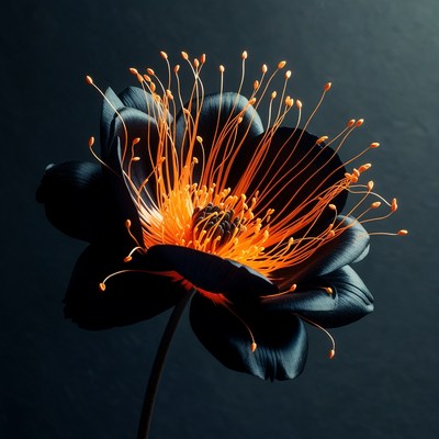 Black flower with orange details in dark setting