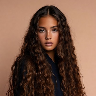 Long curly hair model poses indoors