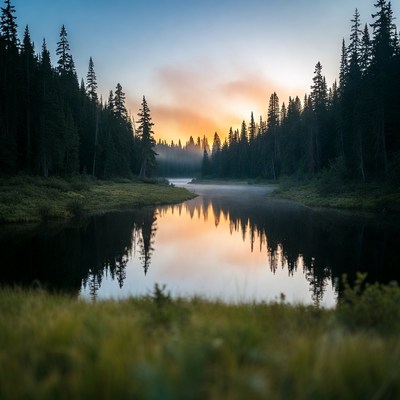 Morning light reflects on calm lake