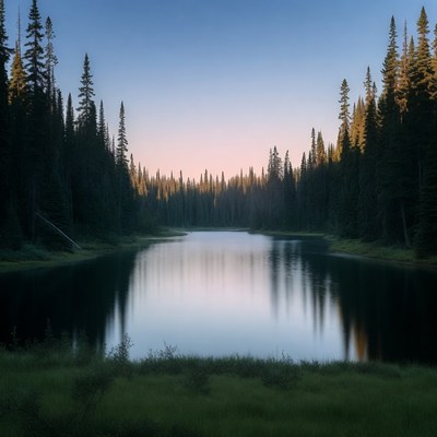 Quiet lake in forest at sunset