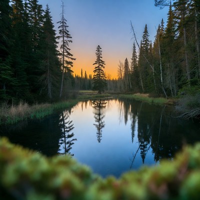 Sunset reflection at a forest pond
