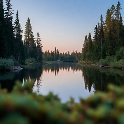 Forest lake at dusk in nature