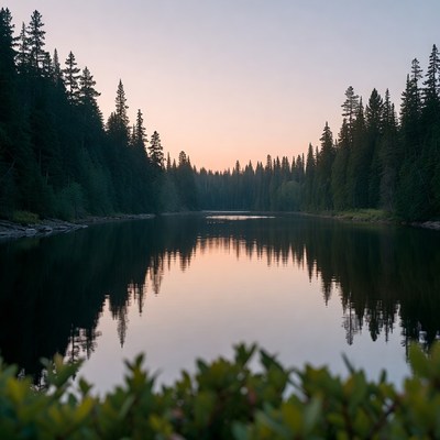 Forest reflection at dusk in a lake