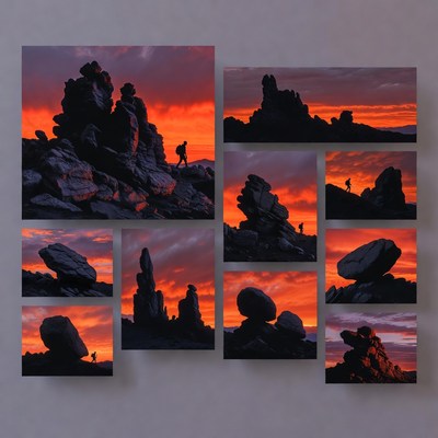 Sunset over rocky landscape with hiker