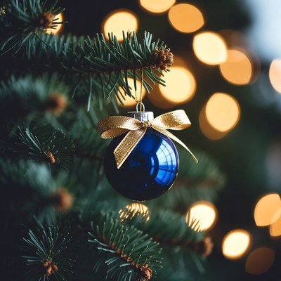 Blue ornament hanging on christmas tree