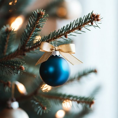 Blue ornament on a christmas tree branch