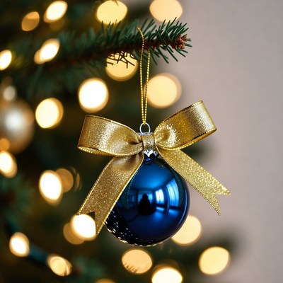 Blue ornament with bow on tree