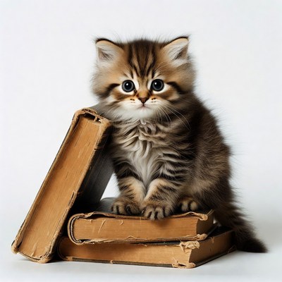 Cute kitten sits on stacked books