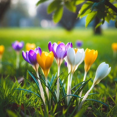 Bright flowers bloom in spring sunlight