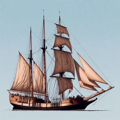 Sailing ship with full sails in clear sky