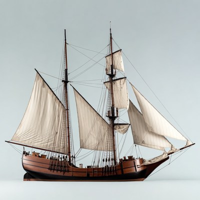 Model sailing ship with detailed sails and rigging