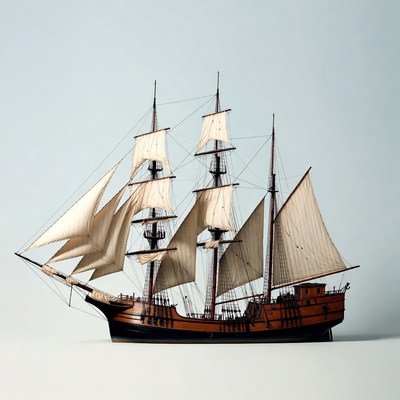 Model ship with sails and masts