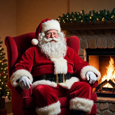 Santa sits in chair by fireplace