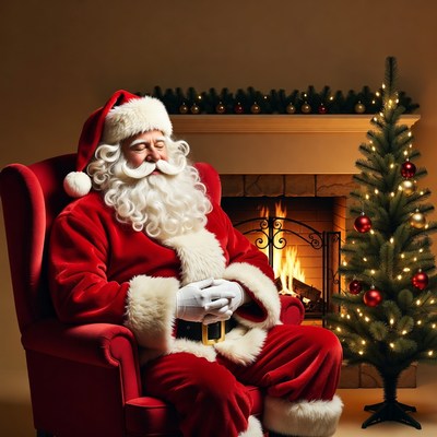 Santa sits in a cozy spot by the fire