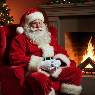 Santa claus sits by the fire