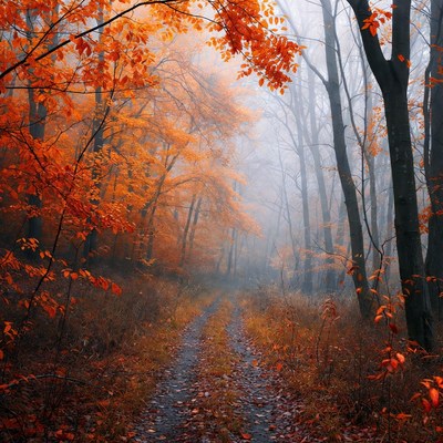 Path through autumn woods on foggy day