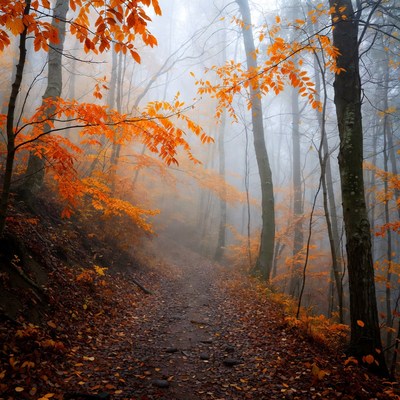 Foggy forest path in autumn