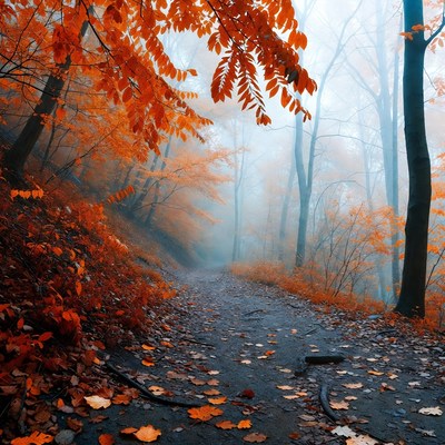 Fall colors in foggy forest trail