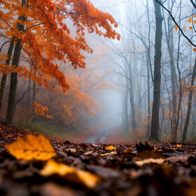 Foggy autumn forest path in morning