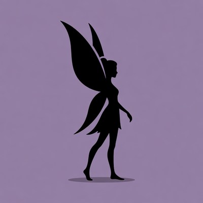 Silhouette of a fairy walking on purple background