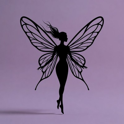 Fairy silhouette with wings in purple light