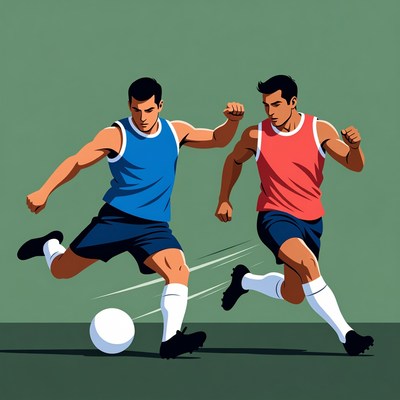 Two players kicking a soccer ball