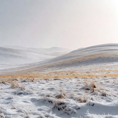 Snowy landscape with golden grass