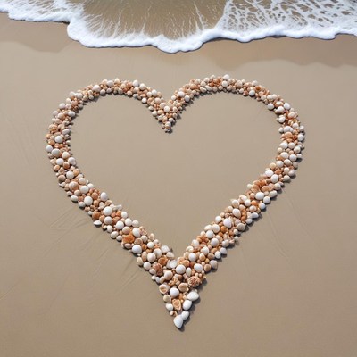 Shells arranged in heart shape on beach