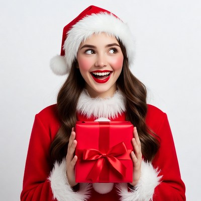 Happy girl in santa hat holding gift