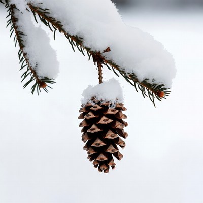 Pine cone hanging in winter snow