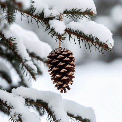 Pinecone hangs on snowy branch