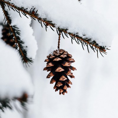 Pinecone hanging from snowy branch